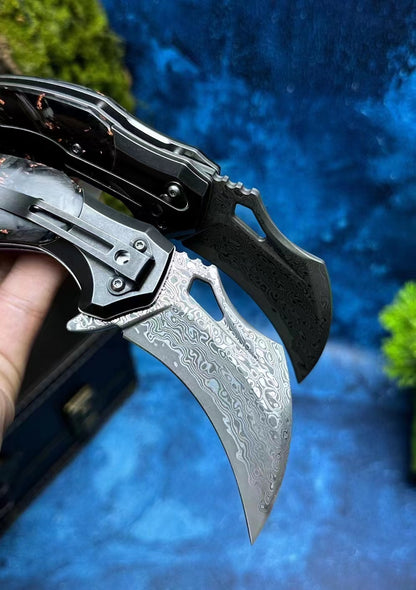 Eagle Claw Carbon Fiber Handle Damascus Blade Karambit Folding Knife