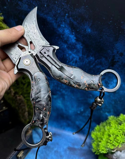 Eagle Claw Carbon Fiber Handle Damascus Blade Karambit Folding Knife