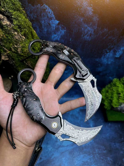 Eagle Claw Carbon Fiber Handle Damascus Blade Karambit Folding Knife