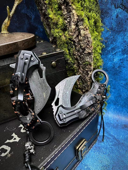 Eagle Claw Carbon Fiber Handle Damascus Blade Karambit Folding Knife