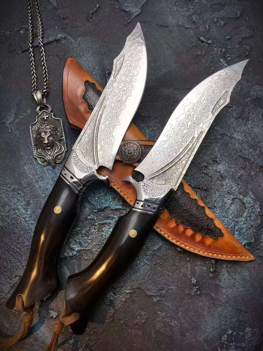 Handmade Damascus Hunting Knife with Leather Sheath