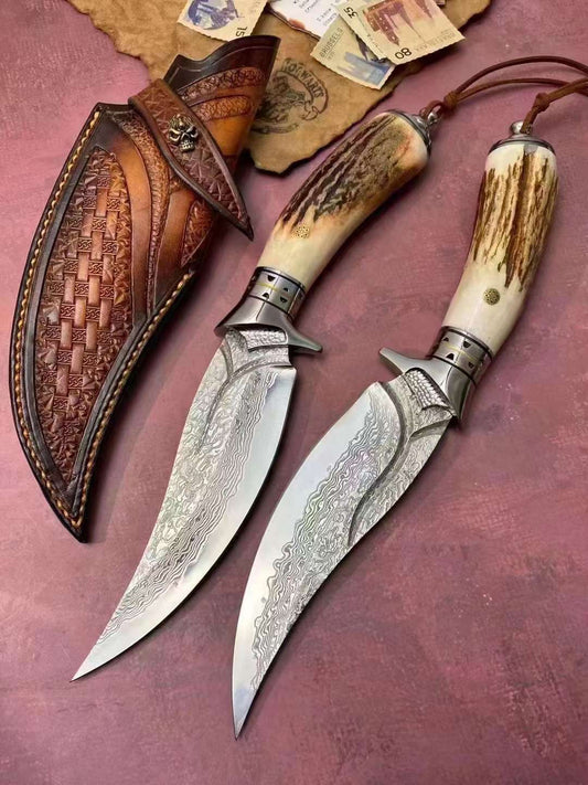 Lucky Deer Damascus Steel Antler Handle Fixed Blade Knife