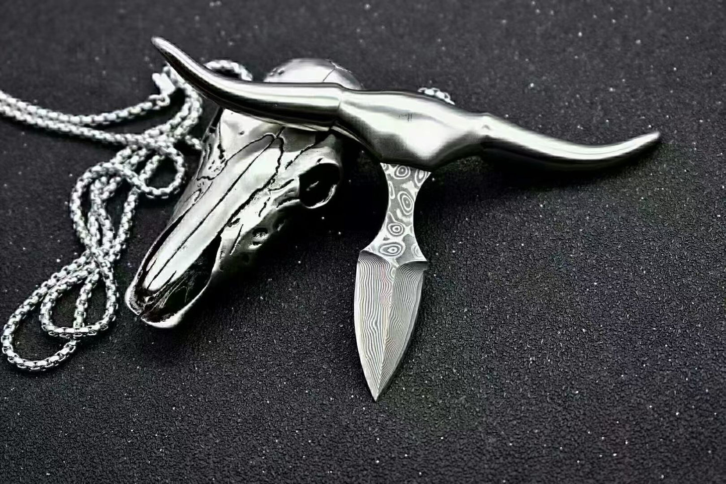 Bull Skull D2 / Damascus Blade Pendant Push Knife