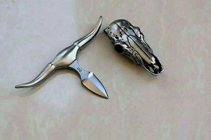 Bull Skull D2 / Damascus Blade Pendant Push Knife