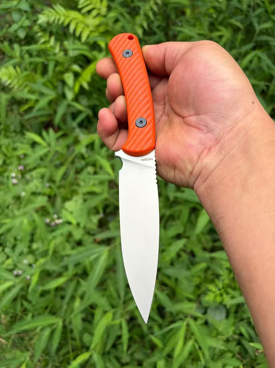 Bison 14C28N Steel Outdoor Small Fixed Blade Knife With Orange Handle and Sheath