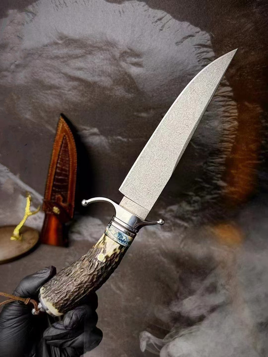 Wasteland Antler Handle Wooz Steel Fixed Blade Bowie Knife