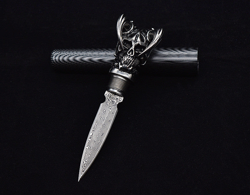 Devil Skull Damascus Blade Push Knife