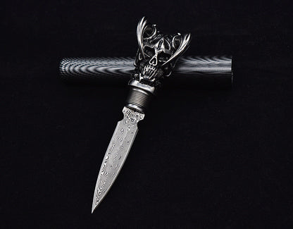 Devil Skull Damascus Blade Push Knife