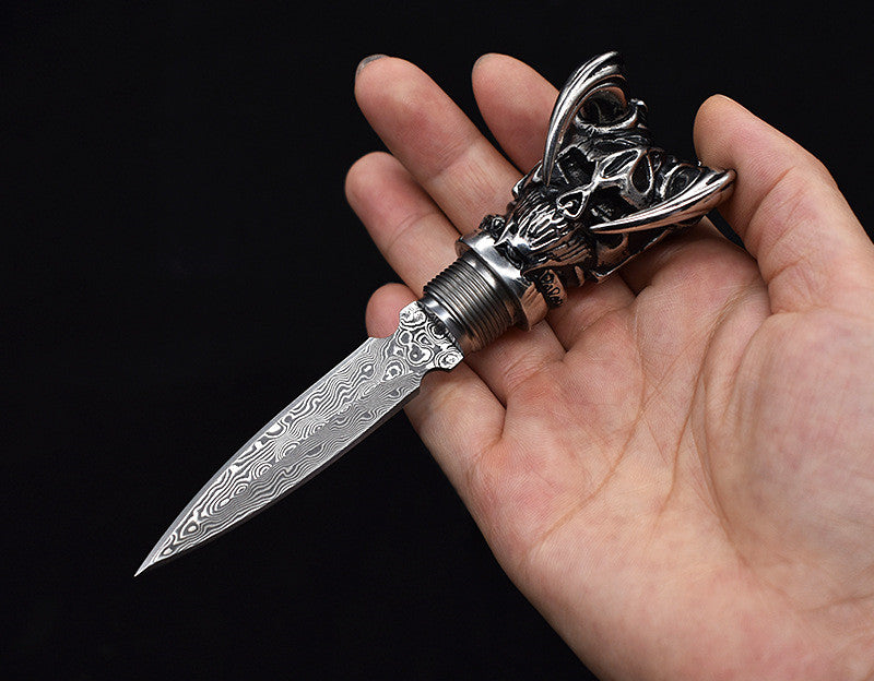 Devil Skull Damascus Blade Push Knife