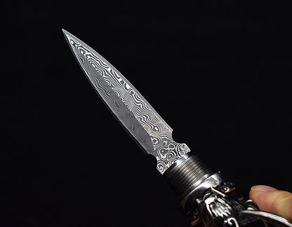 Devil Skull Damascus Blade Push Knife