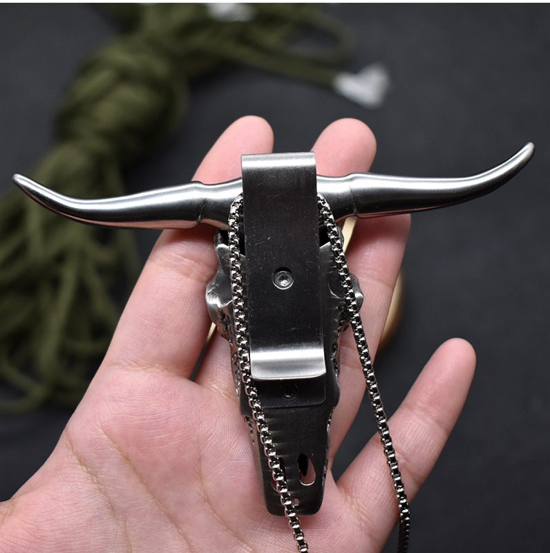 Bull Skull D2 / Damascus Blade Pendant Push Knife