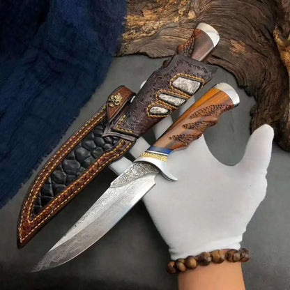 Handmade Damascus Steel Hunting Knife with Leather Sheath