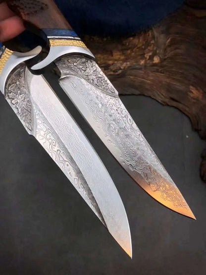 Handmade Damascus Steel Hunting Knife with Leather Sheath