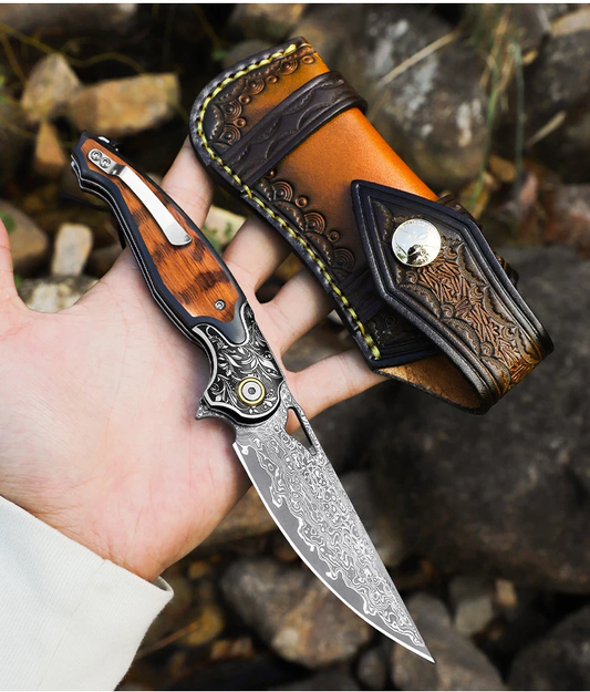 Damascus Steel Blade Folding Knife with Snakewood Handle