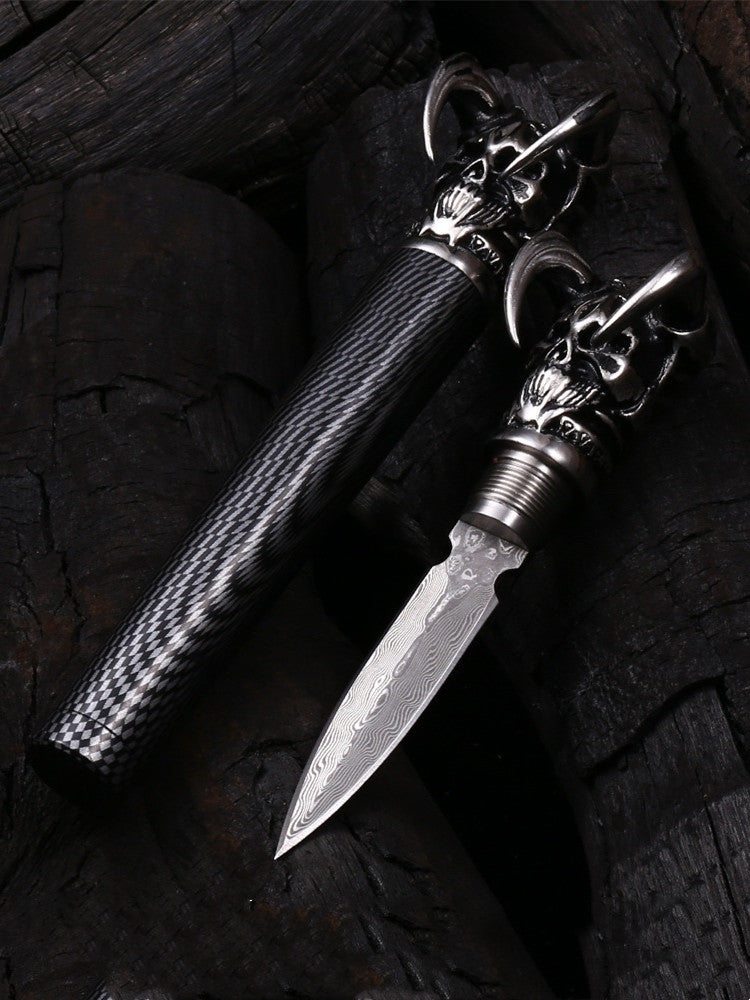 Devil Skull Damascus Blade Push Knife