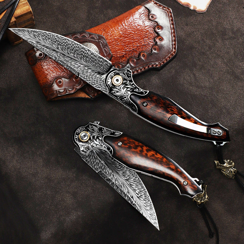 Feather Damascus Steel Blade Folding Knife with Snakewood Handle