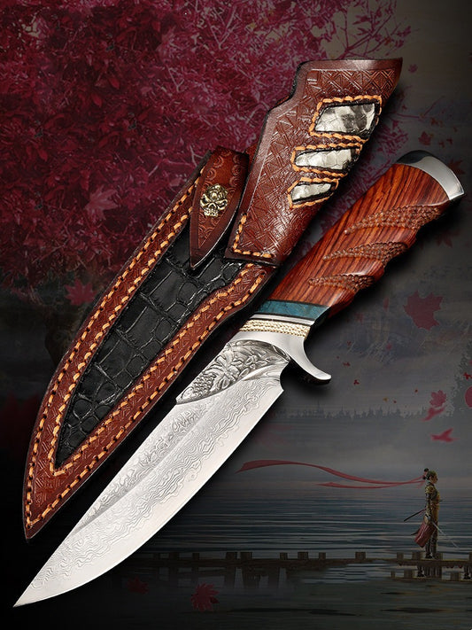 Handmade Damascus Steel Hunting Knife with Leather Sheath