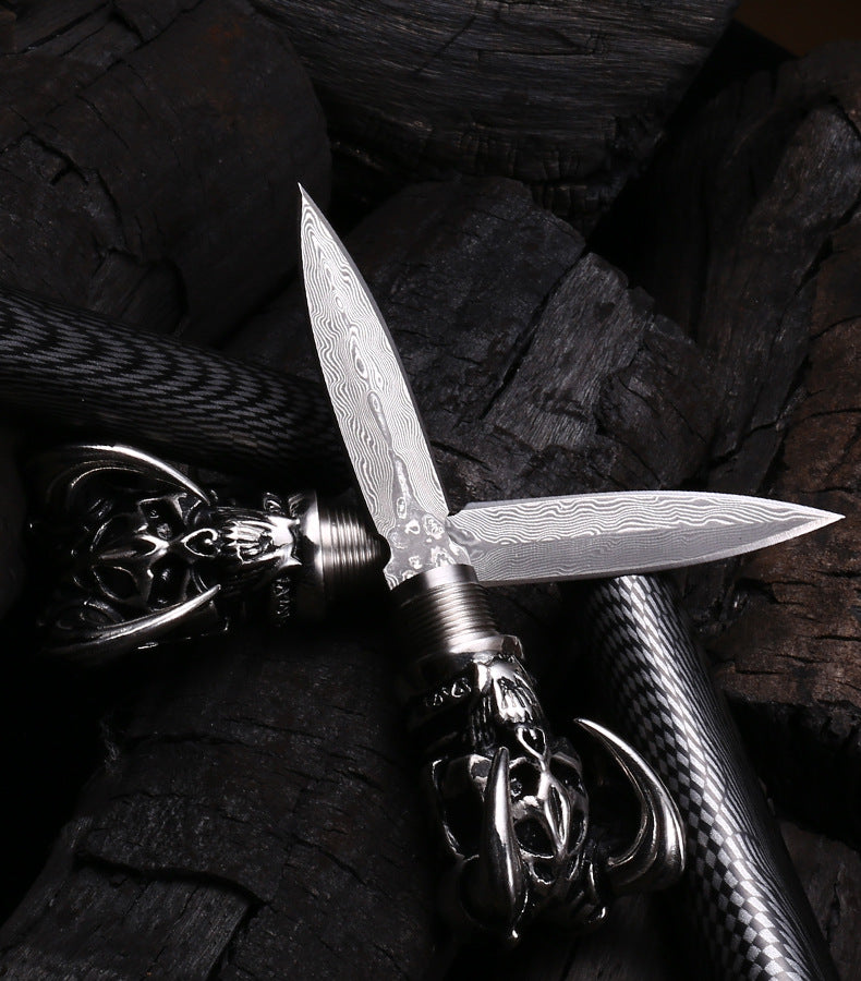 Devil Skull Damascus Blade Push Knife