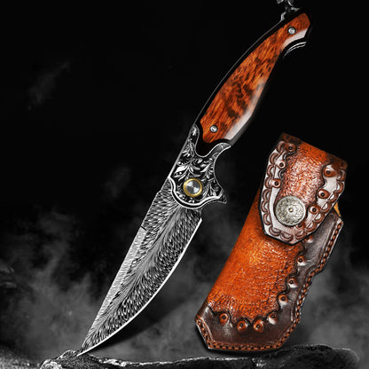 Feather Damascus Steel Blade Folding Knife with Snakewood Handle
