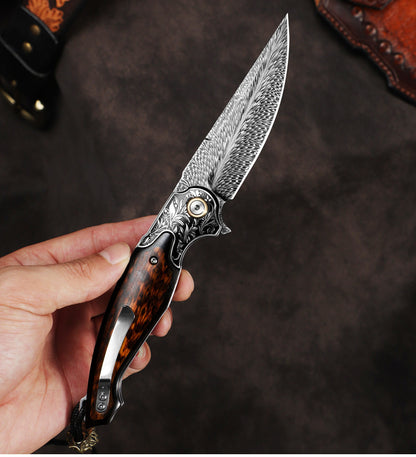 Feather Damascus Steel Blade Folding Knife with Snakewood Handle