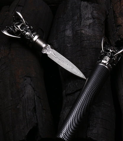 Devil Skull Damascus Blade Push Knife