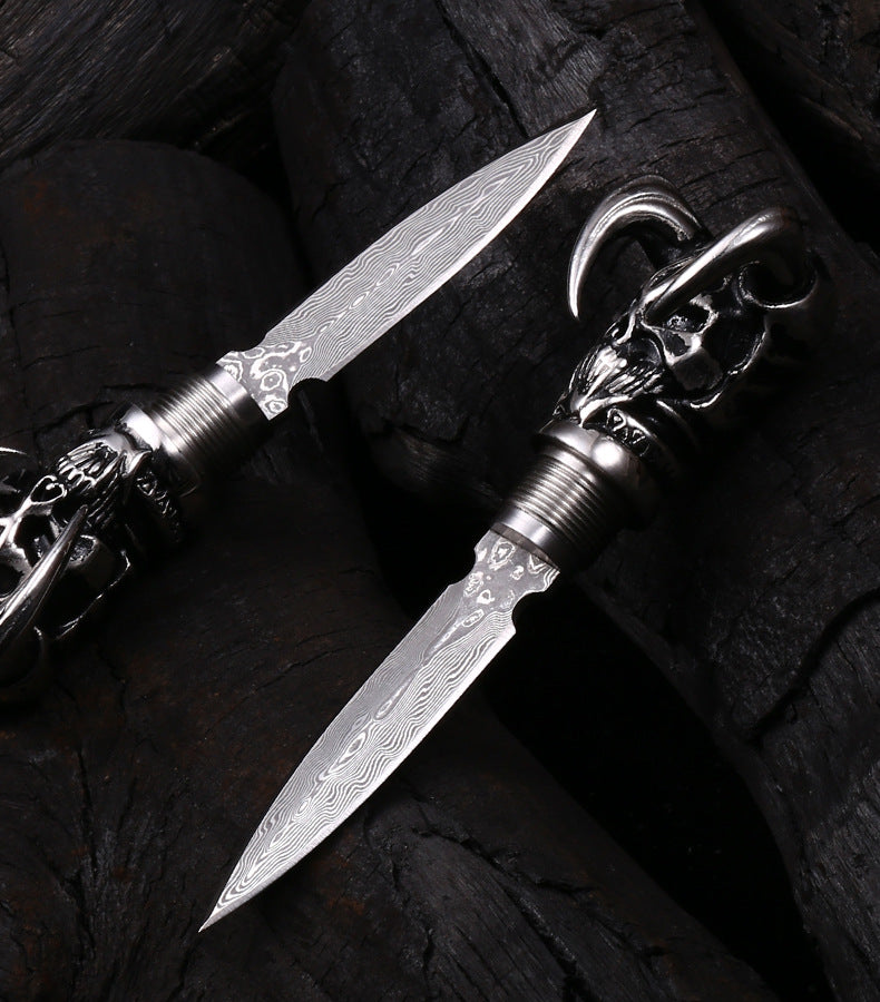 Devil Skull Damascus Blade Push Knife