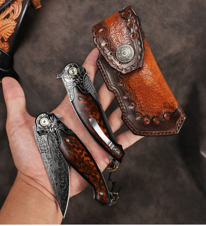 Feather Damascus Steel Blade Folding Knife with Snakewood Handle