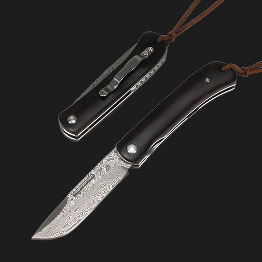 Pocket Folding Knife Damascus Steel Drop Point Blade Small EDC Knife with Belt Clip