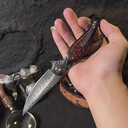 Feather Damascus Steel Blade Folding Knife with Snakewood Handle